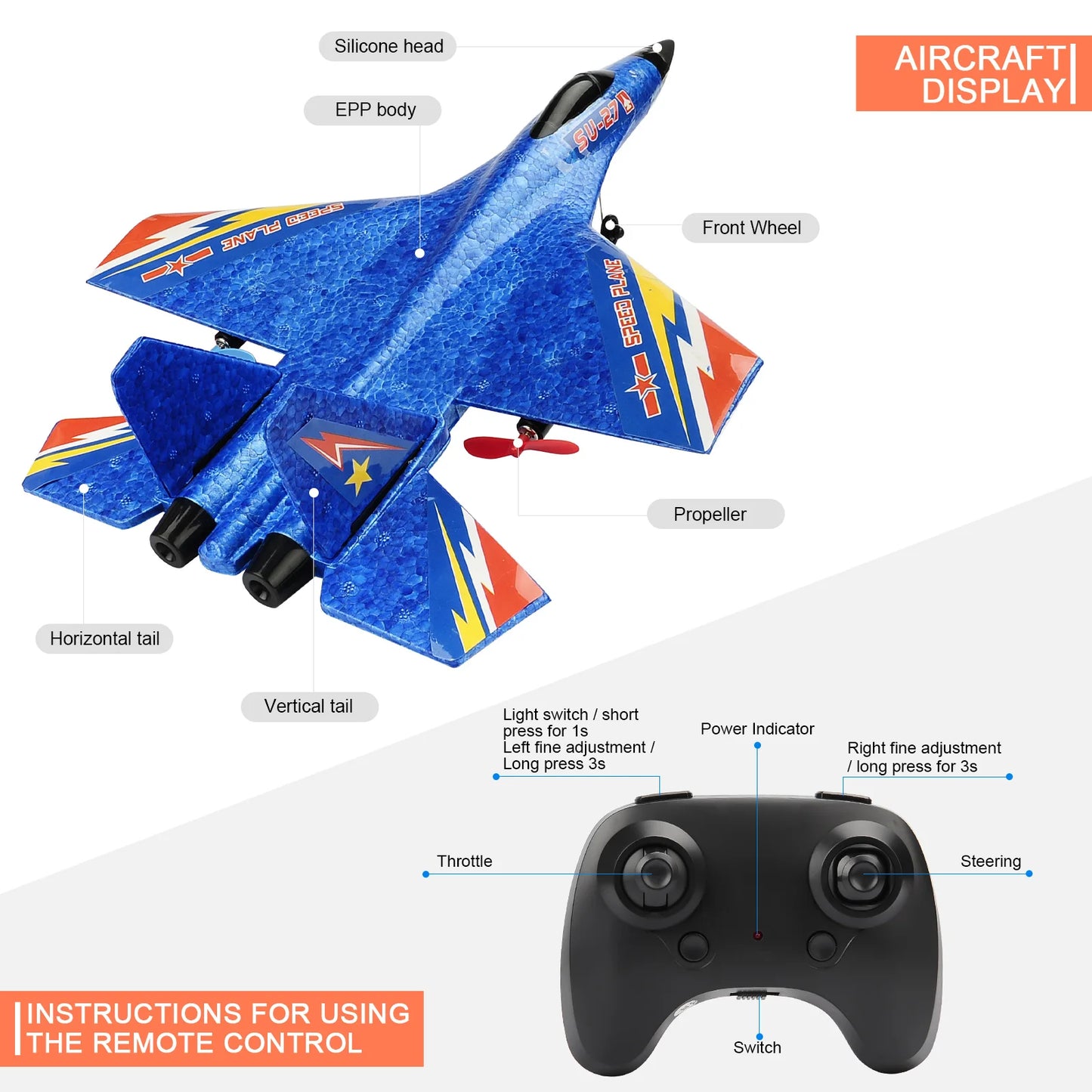 ANTSIR SU27 RC Plane 2.4Ghz 2CH Remote Control Aircraft With LED Lights EPP Foam Hand Throwing Outdoor Airplane